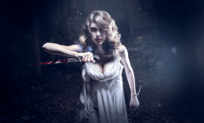 Обои картинки фото разное, cosplay , косплей, девушка, взгляд, фон, кинжал
