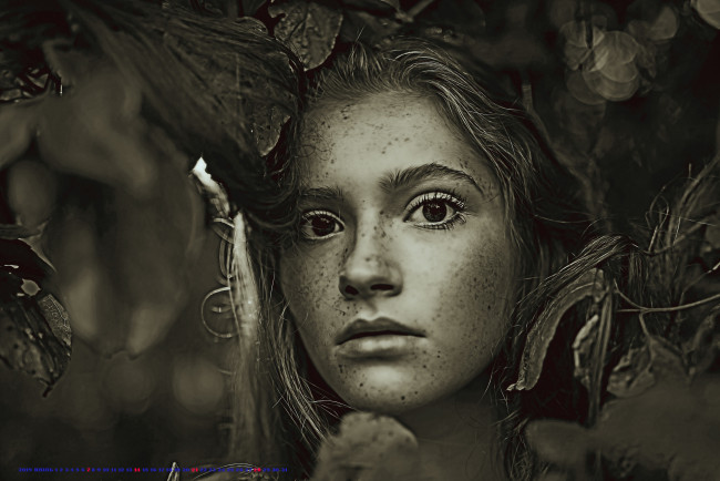 Обои картинки фото календари, компьютерный дизайн, 2019, calendar, веснушки, лицо, девушка, взгляд, женщина