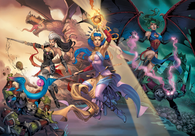 Обои картинки фото фэнтези, магия, взгляд, униформа, фон, девушки