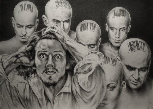 Обои картинки фото рисованное, минимализм, код, взгляд, фон, мужчина