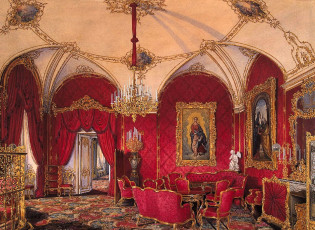 Картинка рисованное эдуард+гау комната интерьер люстра мебель стол кресла камин