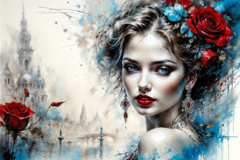 Картинка рисованное люди девушка лицо цветы украшения город