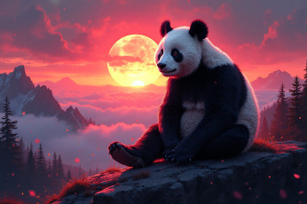 обоя разное, компьютерный дизайн, панда, камень, лес, горы, закат, солнце, облака
