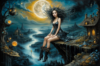 Картинка фэнтези девушки девушка дома обрыв река шары луна