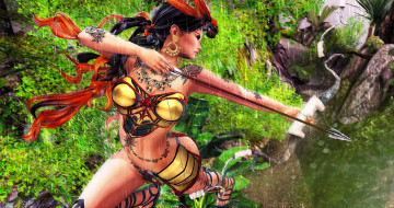 Картинка 3д+графика фантазия+ fantasy девушка коса лук стрела прыжок дождь камни горы