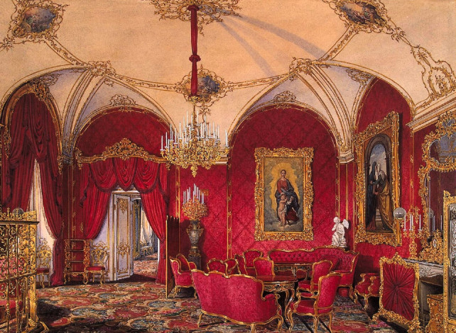 Обои картинки фото рисованное, эдуард гау, комната, интерьер, люстра, мебель, стол, кресла, камин