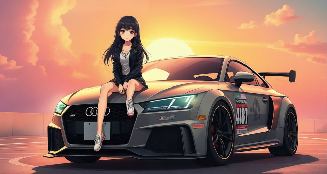 Обои картинки фото аниме, unknown,  другое , audi, tt, clouds, sun, anime, girl