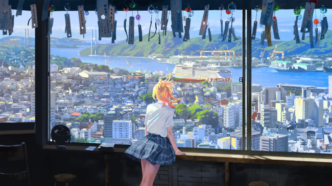 Обои картинки фото аниме, город,  улицы,  интерьер,  здания, девушка, блузка, юбка, окно, панорама, обереги, река, теплоход