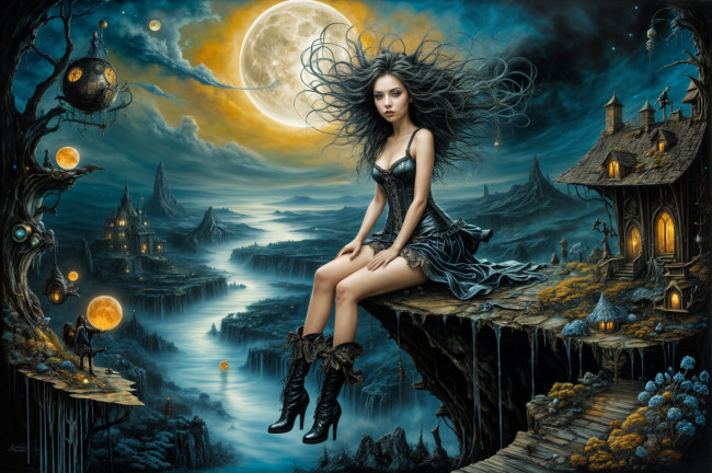 Обои картинки фото фэнтези, девушки, девушка, дома, обрыв, река, шары, луна