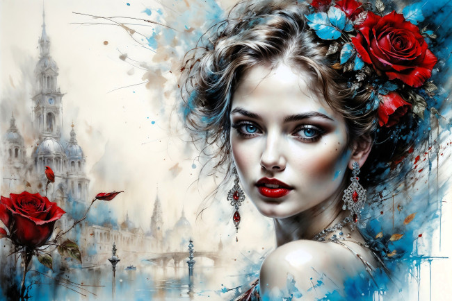 Обои картинки фото рисованное, люди, девушка, лицо, цветы, украшения, город