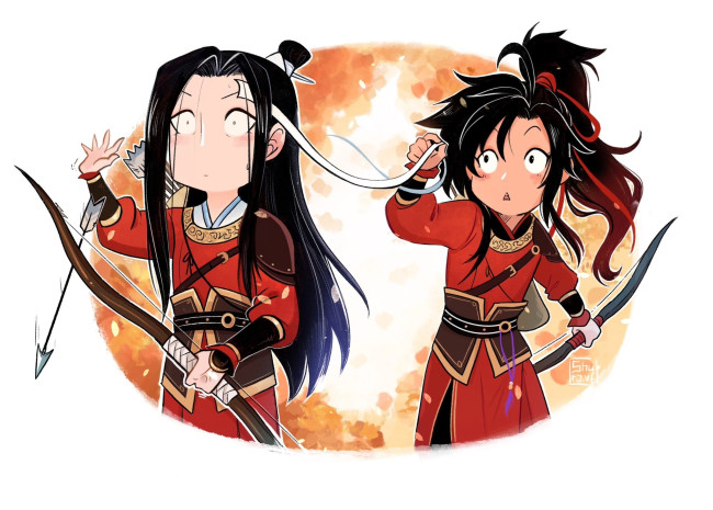 Обои картинки фото аниме, mo dao zu shi, лань, ванцзы, вэй, усянь, лента, луки, стрелы