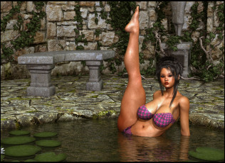 Картинка 3д графика people люди лавочка грудь пруд