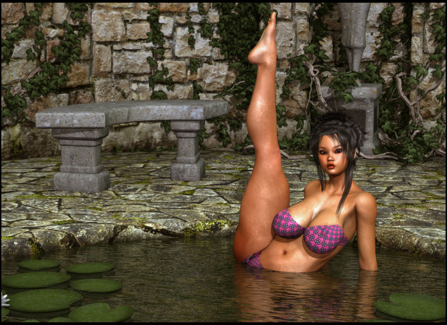 Обои картинки фото 3д, графика, people, люди, лавочка, грудь, пруд