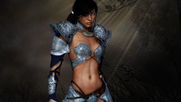 Картинка 3д графика fantasy фантазия лес тьма лучи солнца ремни веснушки доспехи