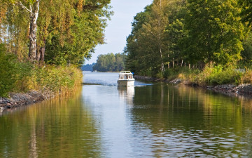 Картинка швеция стокгольм природа реки озера катер деревья река
