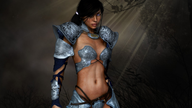 Обои картинки фото 3д, графика, fantasy, фантазия, лес, тьма, лучи, солнца, ремни, веснушки, доспехи