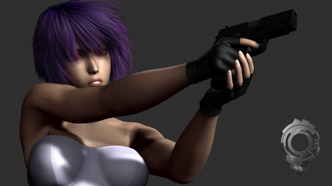 Обои картинки фото 3д, графика, people, люди, motoka, ghost, in, the, shell, kusanagi, динамика, красные, глаза, пистолет, девушка