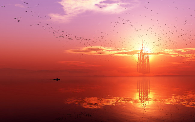 Обои картинки фото 3д, графика, fantasy, фантазия, море, рыбак, башни