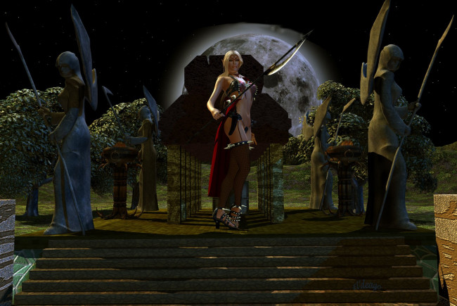 Обои картинки фото 3д, графика, amazon, амазонки, скульптуры, секира, девушка, луна