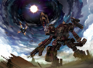 Картинка аниме -weapon +blood+&+technology облака небо робот armored core verdict day арт