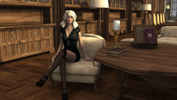 Картинка 3д+графика люди+ people стол блондинка взгляд книги девушка стул