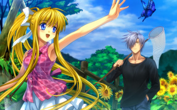 Картинка аниме air арт moonknives kamio misuzu kunisaki yukito девушка парень радость сачок бабочка подсолнухи природа