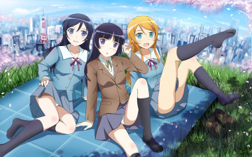 Картинка аниме oreimo kousaka kirino gokou ruri aragaki ayase девушки брюнетки блондинка обувь скатерть трава цветы город