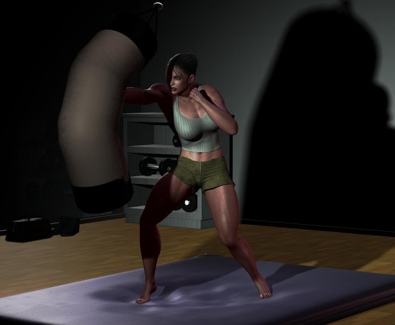 Обои картинки фото 3д графика, люди , people, девушка, спортзал, взгляд, тренировка, груша