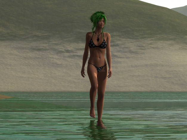 Обои картинки фото 3д графика, люди , people, девушка, взгляд, фон, море, купальник