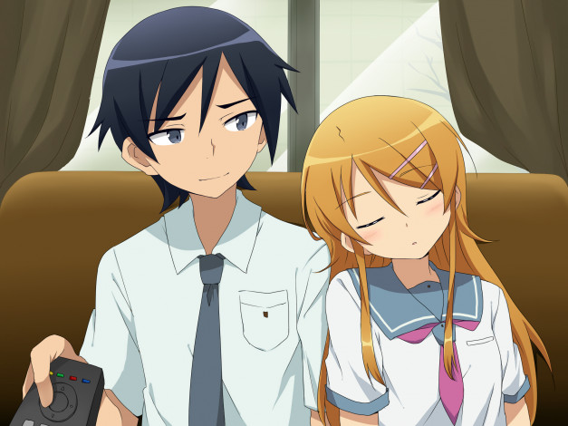 Обои картинки фото аниме, oreimo, пульт, блондин, сестра, брюнет, девушка, парень, брат, kousaka, kyousuke, kirino