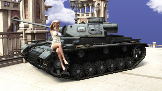 Обои картинки фото 3д графика, люди , people, танк, взгляд, девушка