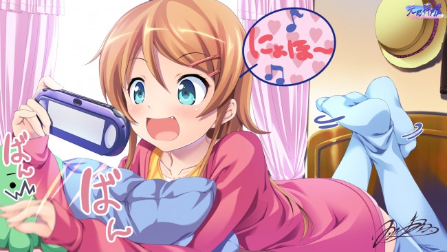 Обои картинки фото аниме, oreimo, девушка, kousaka, kirino, блондинка, игра, арт, комната, окно, радость
