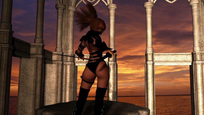 Обои картинки фото daz kairi, 3д графика, эльфы , elves, взгляд, эльфийка, рассвет, колоны