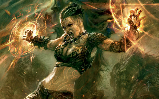 Обои картинки фото фэнтези, магия, монстры, чудовища, бусы, топ, татуировки, крик, девушка