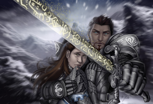 Обои картинки фото фэнтези, люди, мужчина, меч, девушка