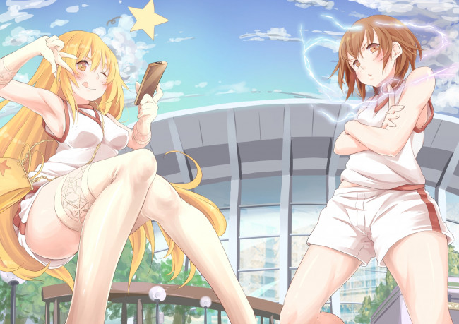 Обои картинки фото аниме, toaru majutsu no index, арт, искры, звезда, телефон, девушки