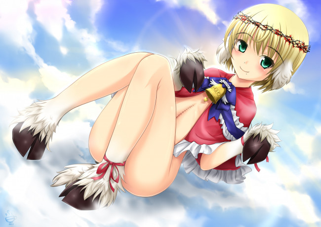 Обои картинки фото аниме, -animals & creatures, колокольчик, девушка, облака, небо, ушки, копыта