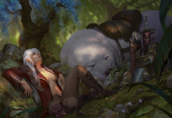 Картинка фэнтези красавицы+и+чудовища арт собака оружие фетези камень доспех колчан девушка меч грудь отдых зверь