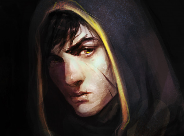 Обои картинки фото фэнтези, люди, арт, парень, капюшон, взгляд