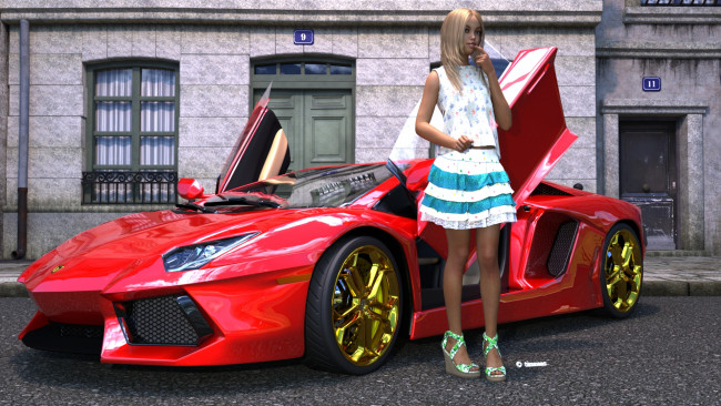 Обои картинки фото автомобили, 3d car&girl, девушка, взгляд, фон, автомобиль