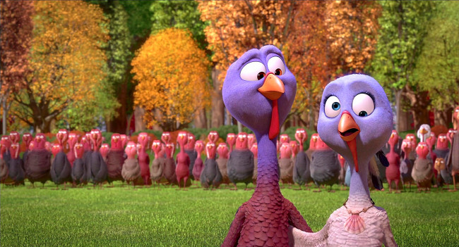 Обои картинки фото мультфильмы, free birds, косоглазие, много, деревья, птица, индюк