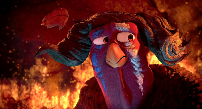 Обои картинки фото мультфильмы, free birds, птица, пламя, огонь, парик, индюк, лист