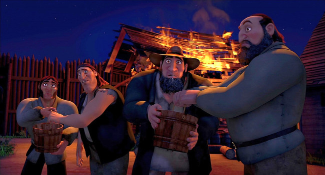 Обои картинки фото мультфильмы, free birds, ведро, пожар, пламя, мужчина, ночь, взгляд