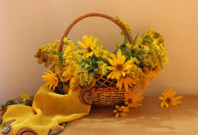 Обои картинки фото цветы, букеты,  композиции, натюрморт, золотарник, корзина, осень