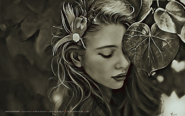 Обои картинки фото календари, компьютерный дизайн, 2019, calendar, женщина, девушка, лицо, растение, листья