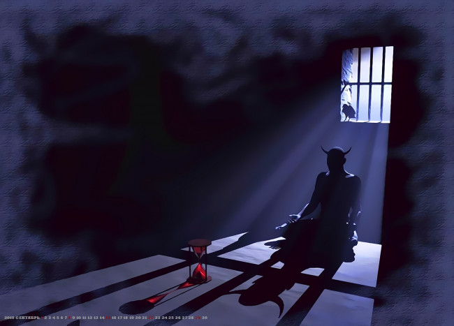 Обои картинки фото календари, фэнтези, решетка, окно, 2019, тень, существо, рога, calendar