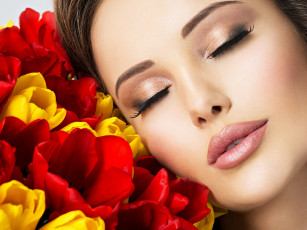 Картинка девушки -+лица +портреты тюльпаны закрытые глаза