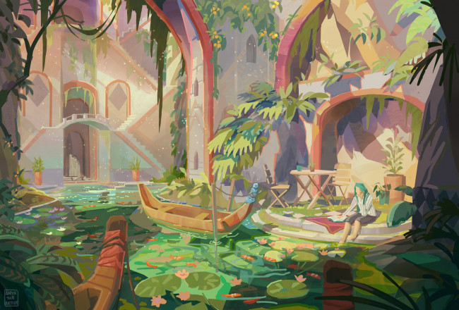 Обои картинки фото фэнтези, иные миры,  иные времена, город, дома, озеро, лодки, человек