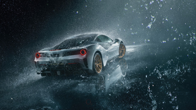 Обои картинки фото ferrari 488 pista dominates the rainy roads 2023, автомобили, ferrari, 488, pista, вид, сзади, капли, вода, суперкар