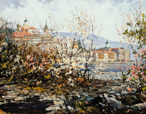 обоя времена года,  весна на афоне, рисованное, василий нестеренко, кусты, весна, цветение, монастырь, море